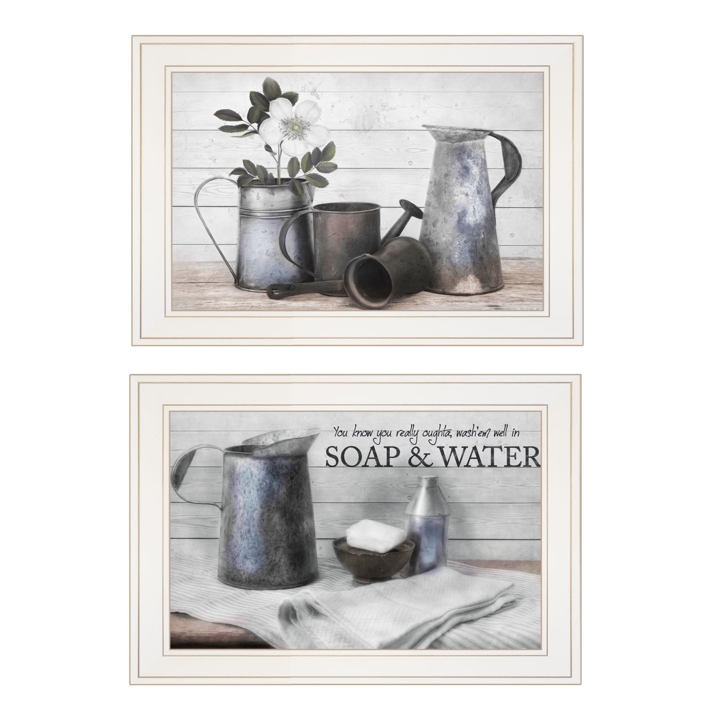 Set Of Two Soap Or Floral 1 White Framed Print Bathroom Wall Art