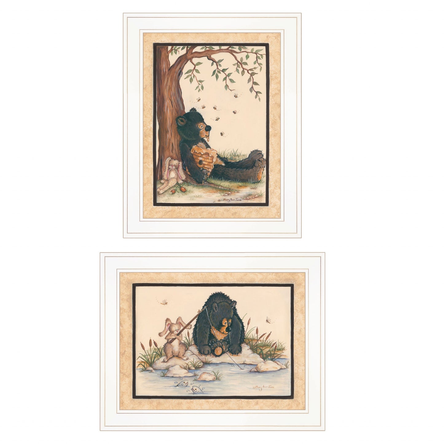 Set Of Two Gone Fishing Honey Bear and Bunny White Framed Print Wall Art