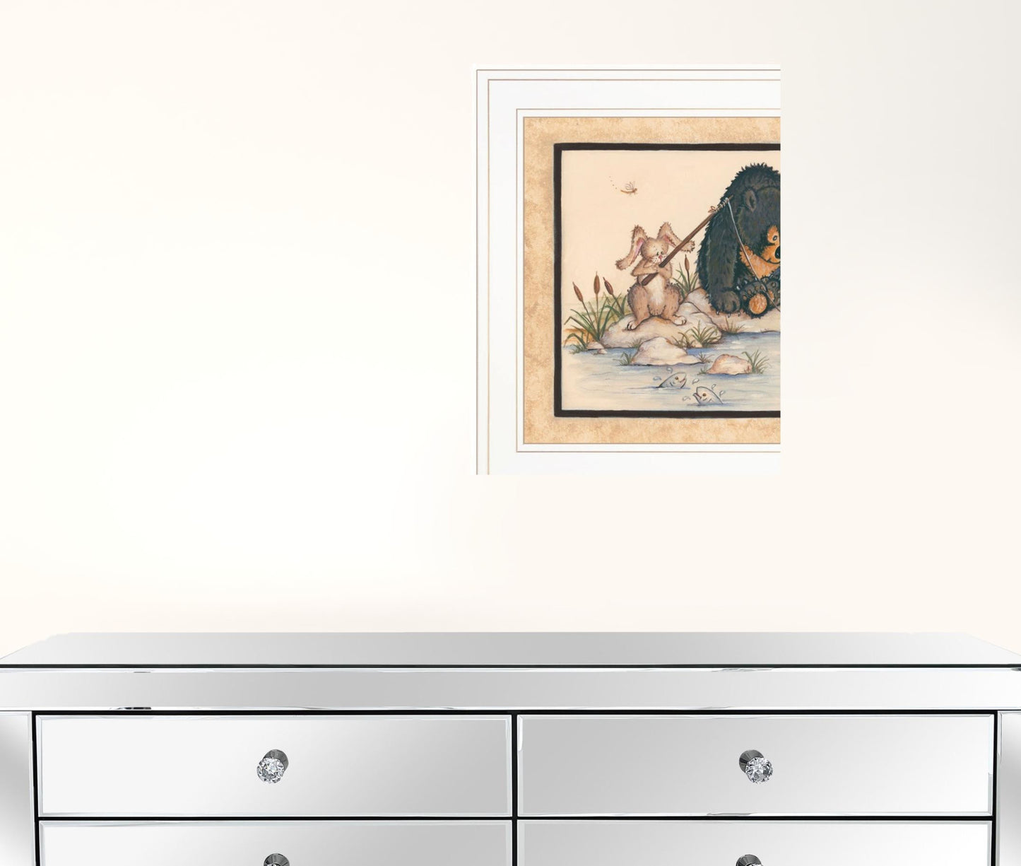 Set Of Two Gone Fishing Honey Bear and Bunny White Framed Print Wall Art