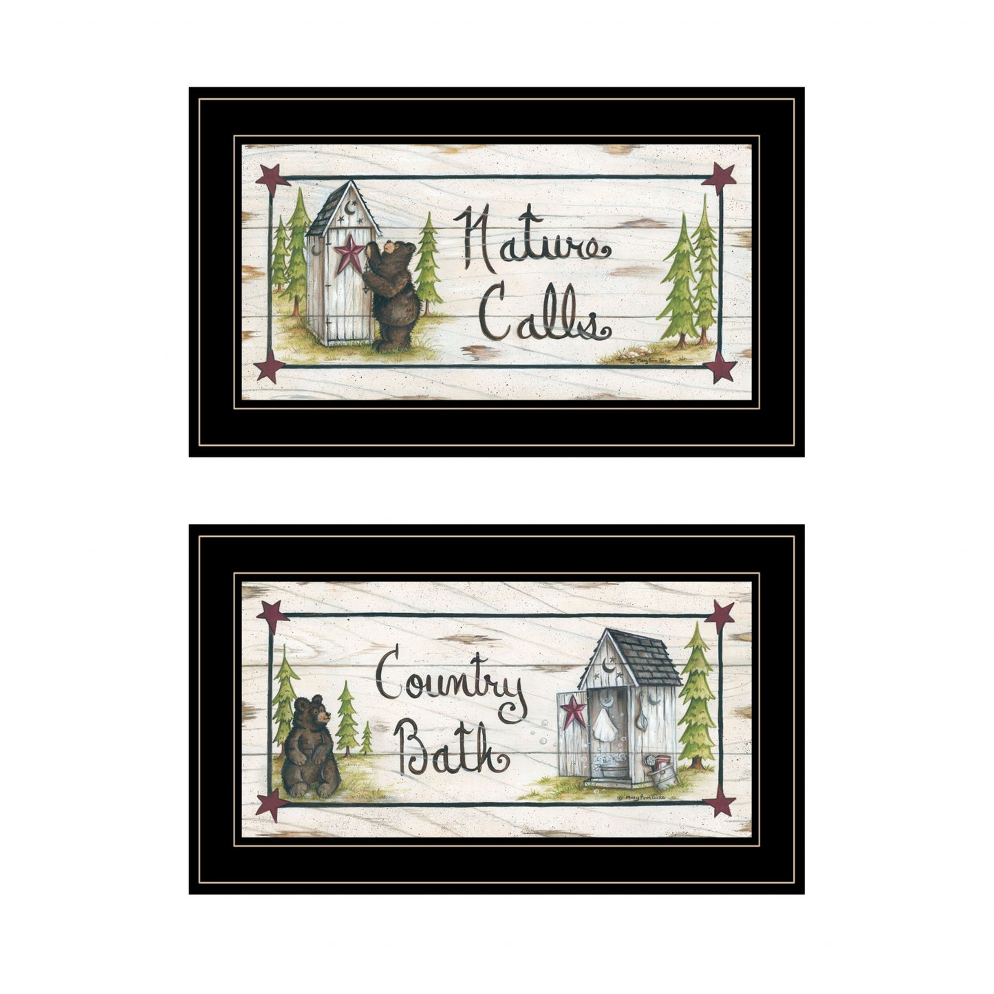 Set Of Two Whimsical Bear Nature Calls Black Framed Bathroom Prints Wall Art