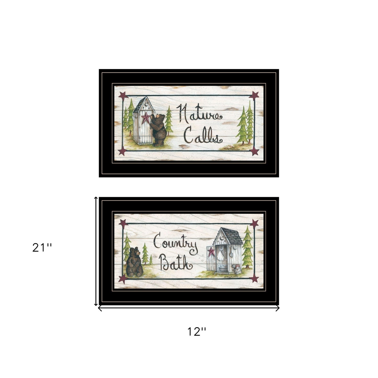 Set Of Two Whimsical Bear Nature Calls Black Framed Bathroom Prints Wall Art