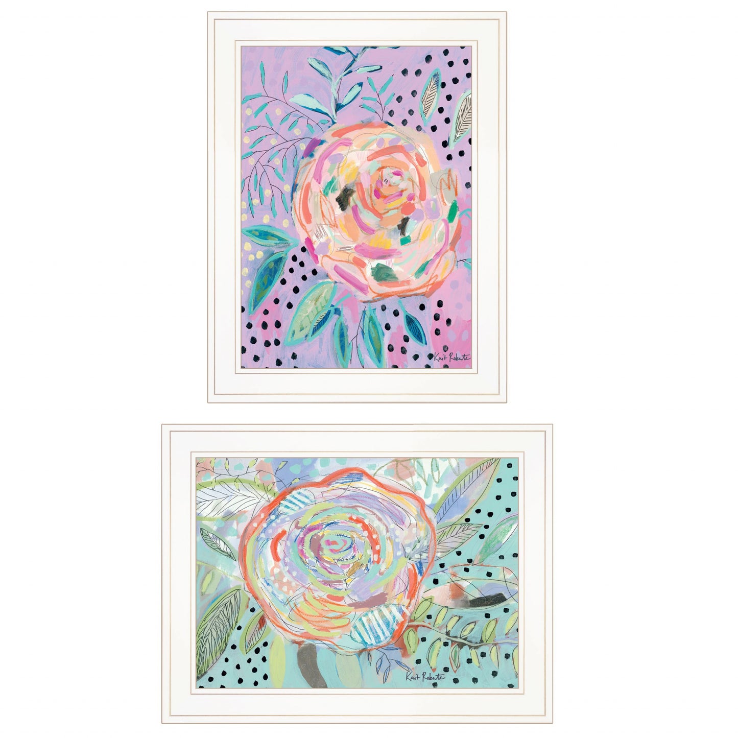 Set Of Two Colorful Big Bloom Abstract Flowers White Framed Prints Wall Art