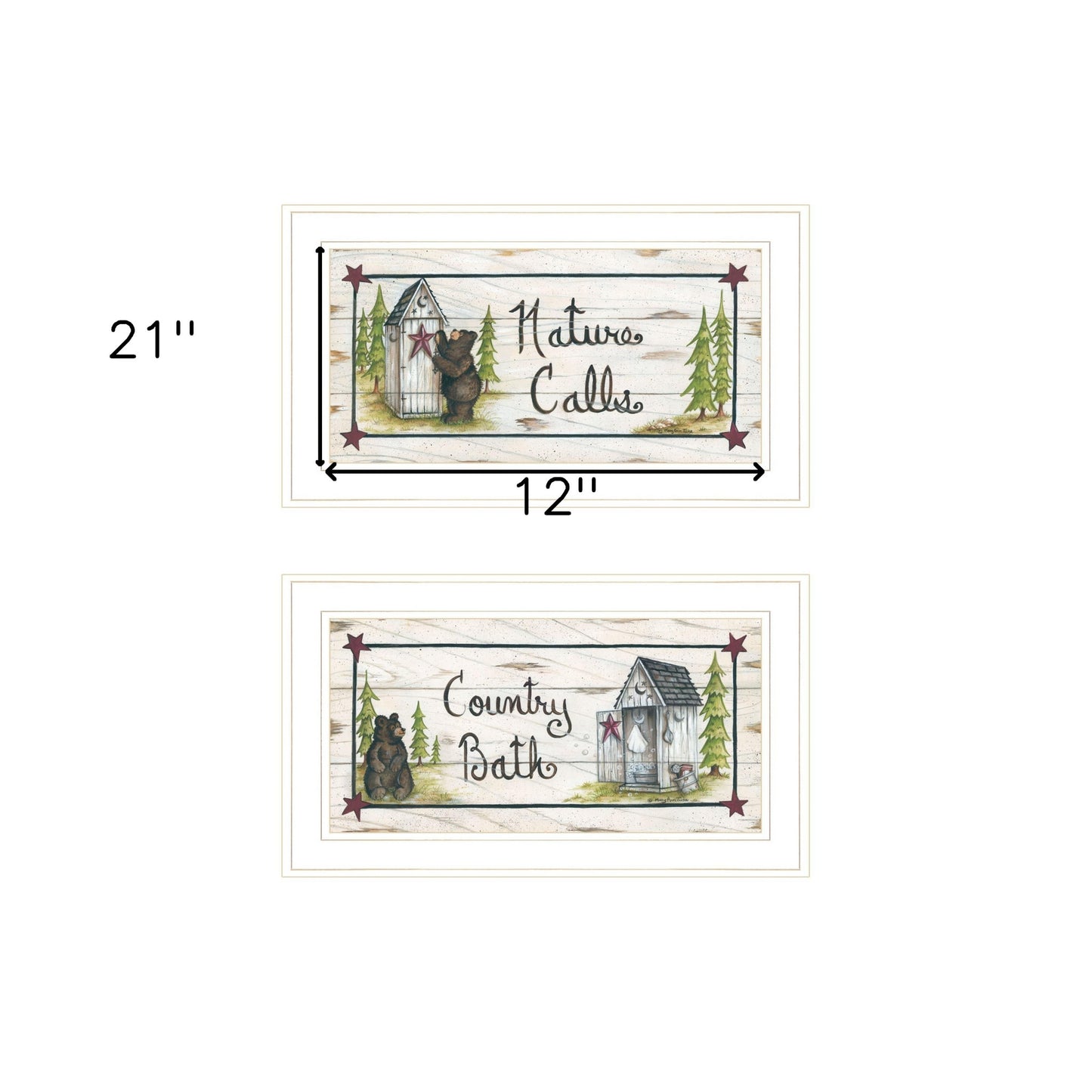 Set Of Two Whimsical Bear Nature Calls White Framed Bathroom Prints Wall Art