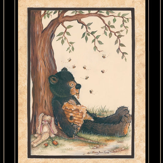 Set Of Two Gone Fishing Whimsical Honey Bear and Bunny Black Framed Prints Wall Art