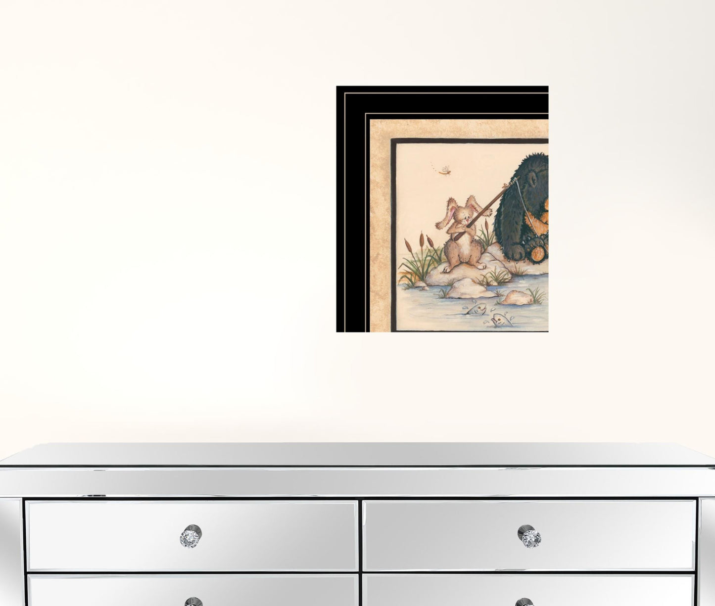 Set Of Two Gone Fishing Whimsical Honey Bear and Bunny Black Framed Prints Wall Art