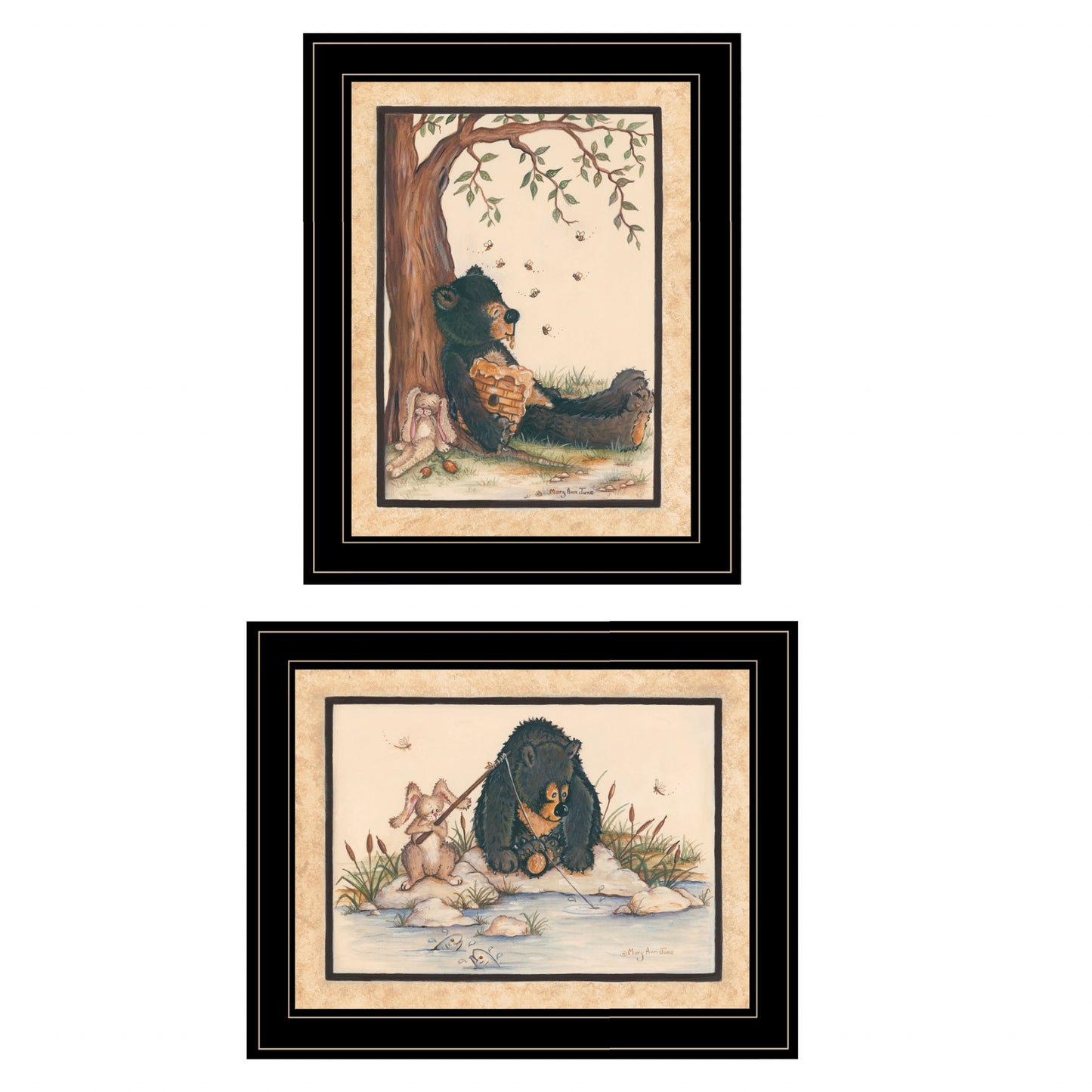 Set Of Two Gone Fishing Whimsical Honey Bear and Bunny Black Framed Prints Wall Art