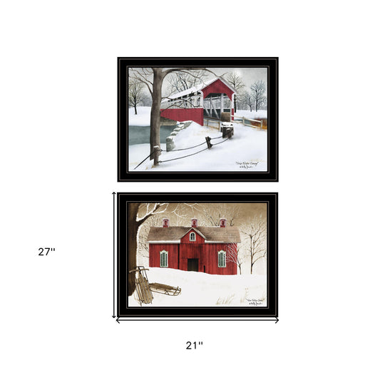 Set Of Two Crisp and New Fallen Snow Winter Barn Black Framed Prints Wall Art