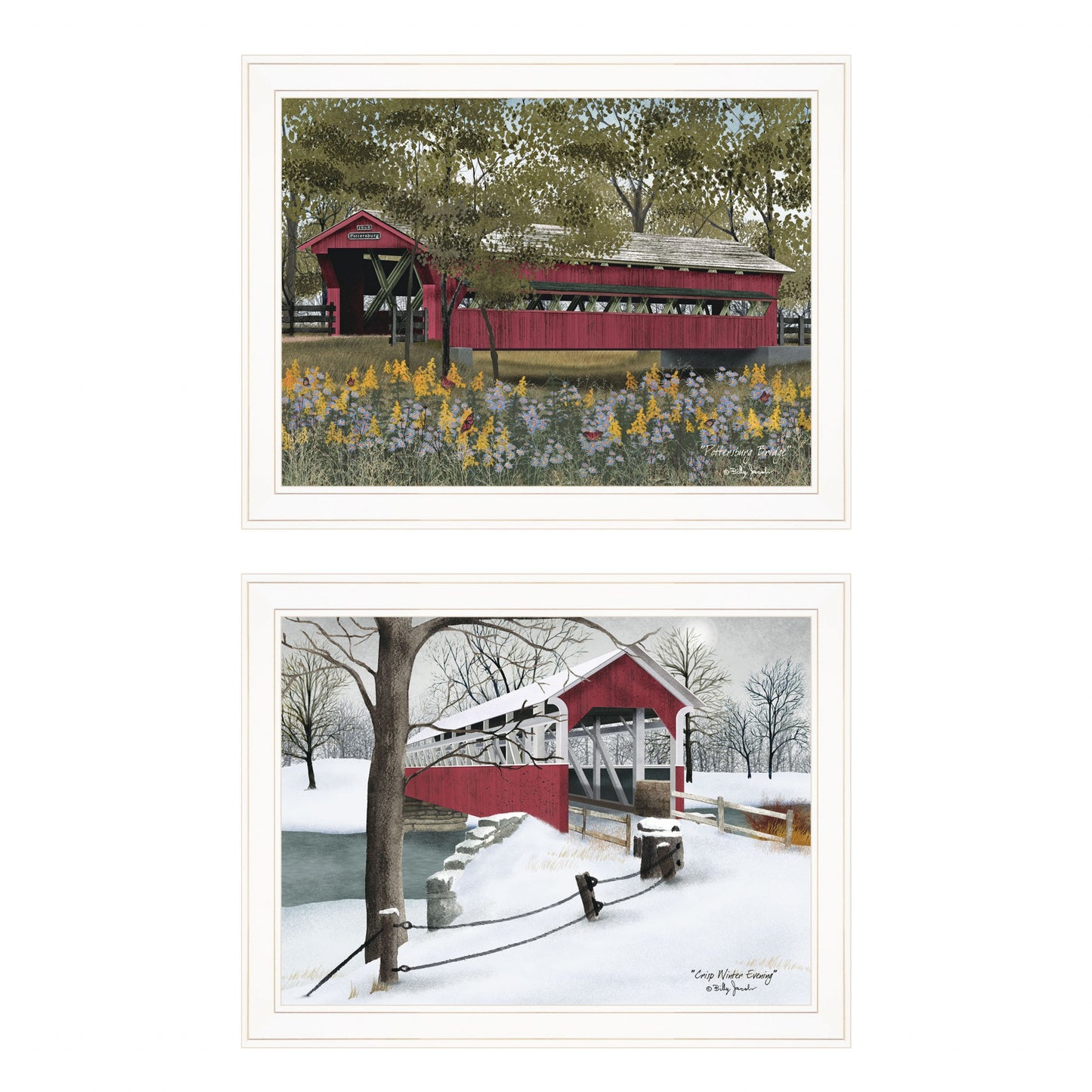 Set Of Two Covered Bridge Scenes White Framed Prints Wall Art