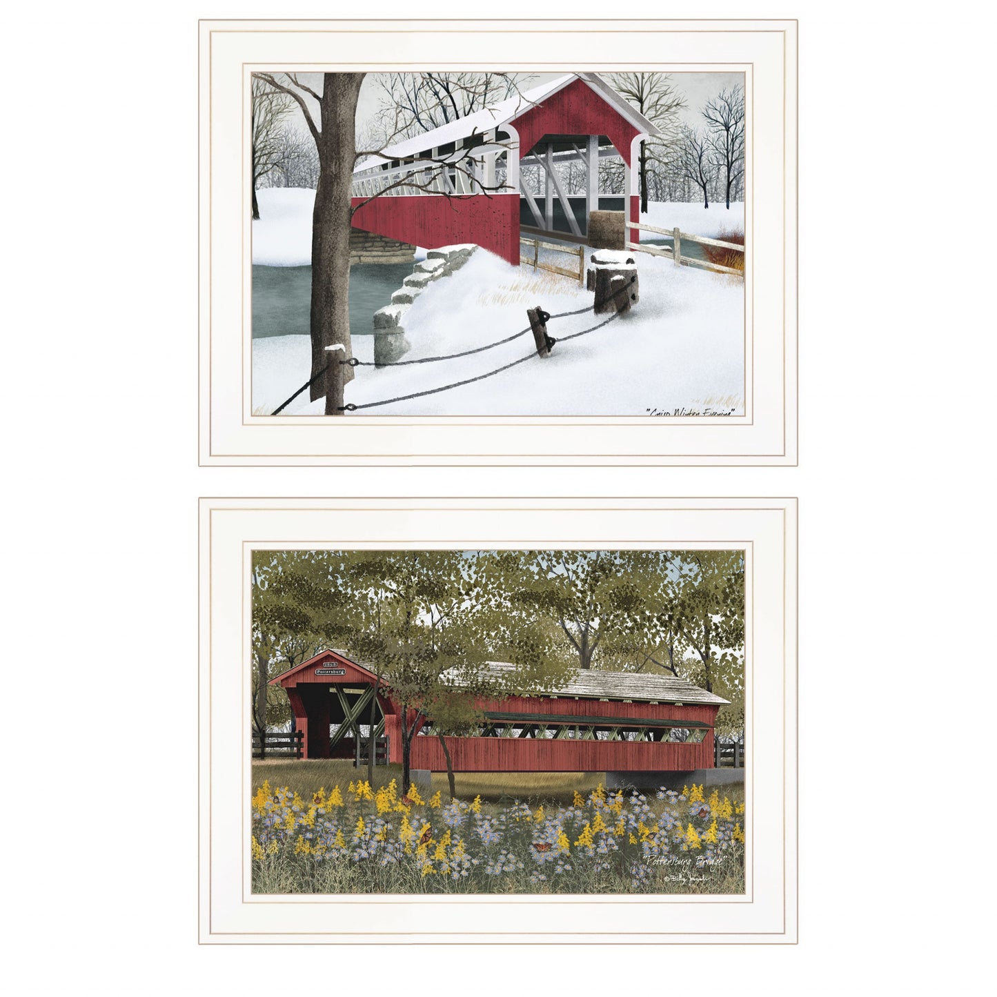 Set Of Two Covered Bridge Seasons White Framed Prints Wall Art