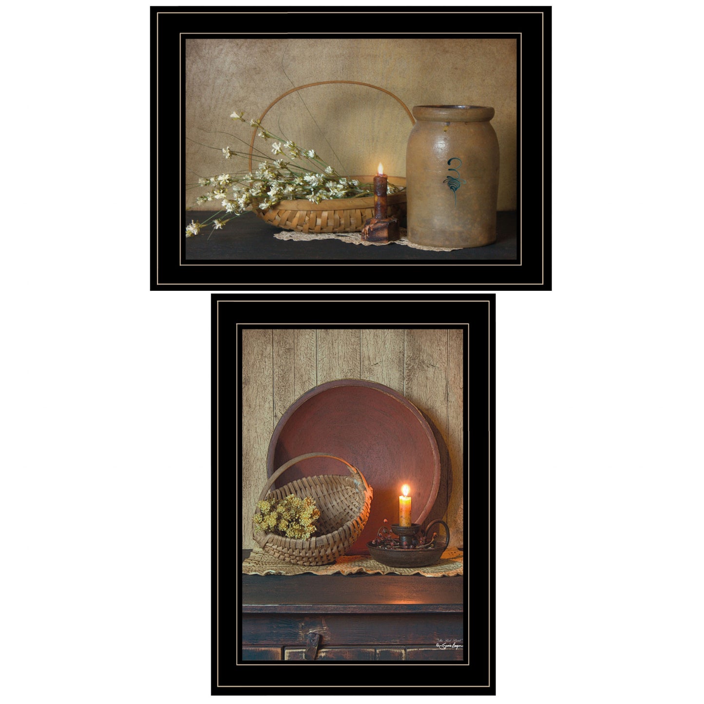 Set Of Two Candle Light And Flowers Black Framed Print Wall Art