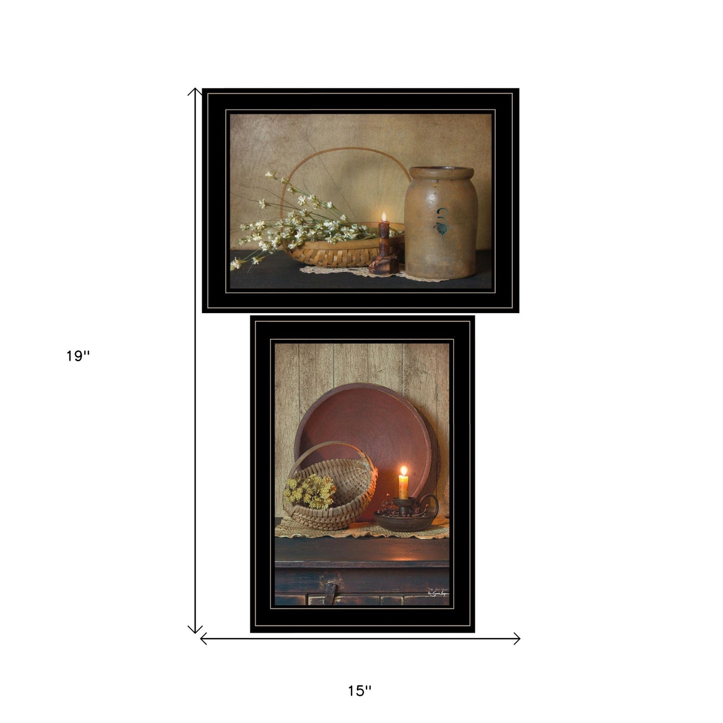 Set Of Two Candle Light And Flowers Black Framed Print Wall Art