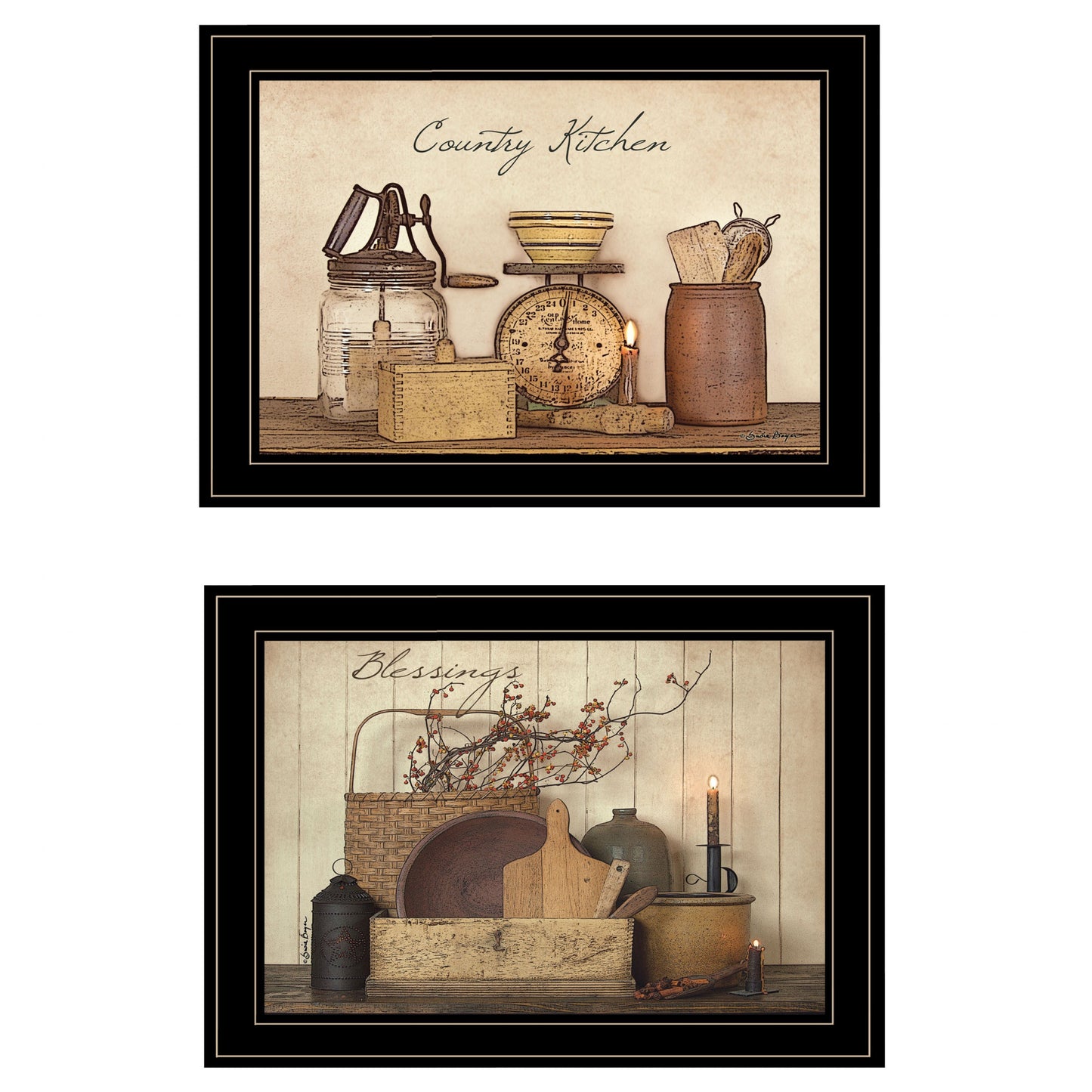 Set Of Two Country Kitchen Blessings Black Framed Print Wall Art