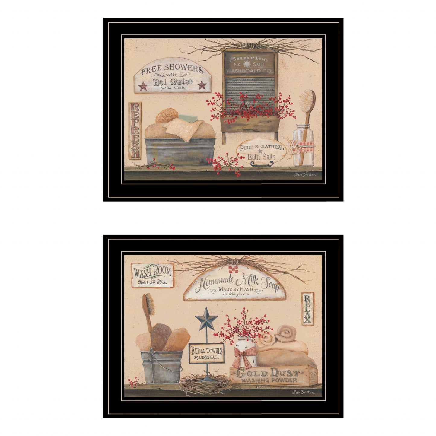 Set Of Two Wash Room 5 Black Framed Print Bathroom Wall Art