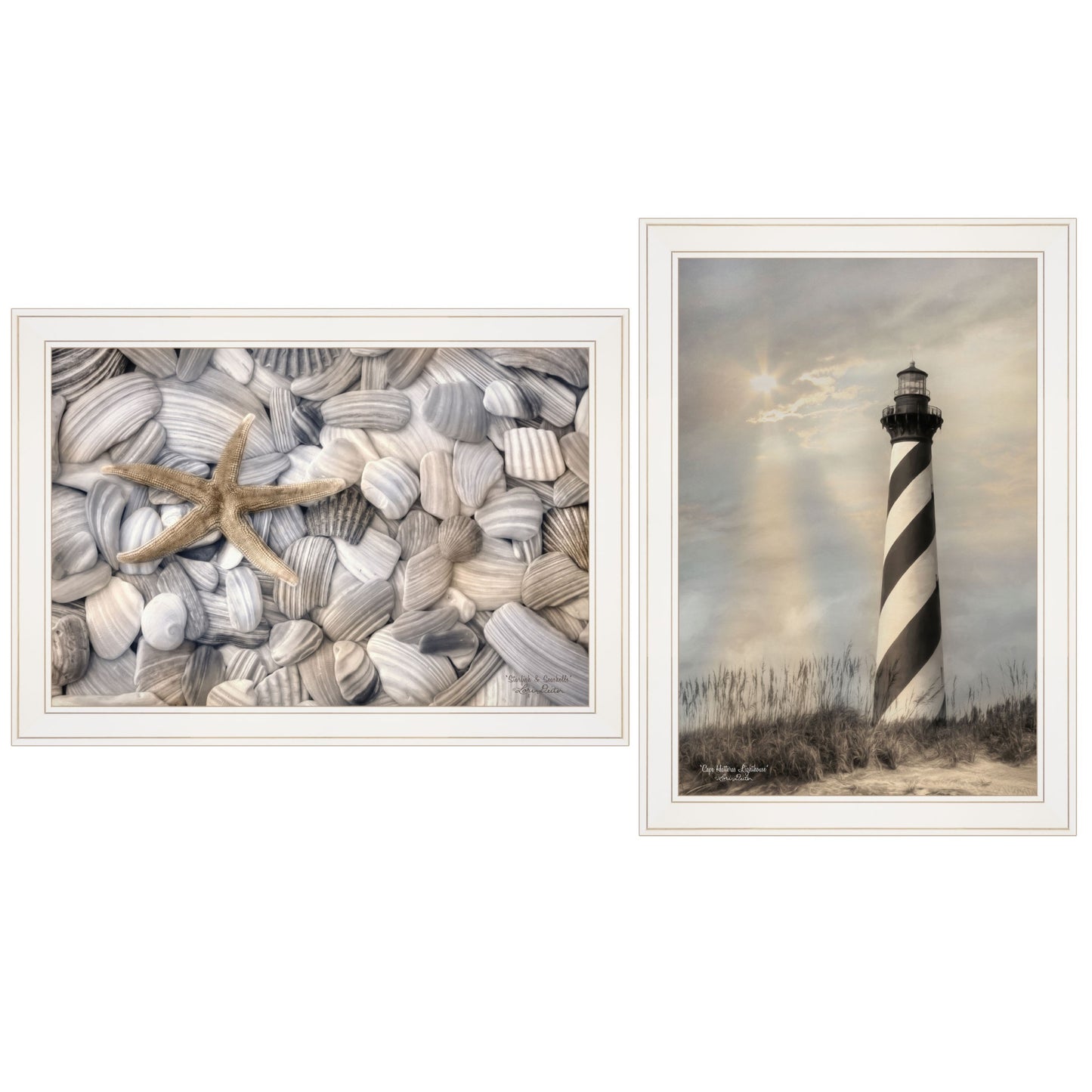 Set Of Two Cape Hatteras Lighthouse And Sea Shells 3 White Framed Print Wall Art