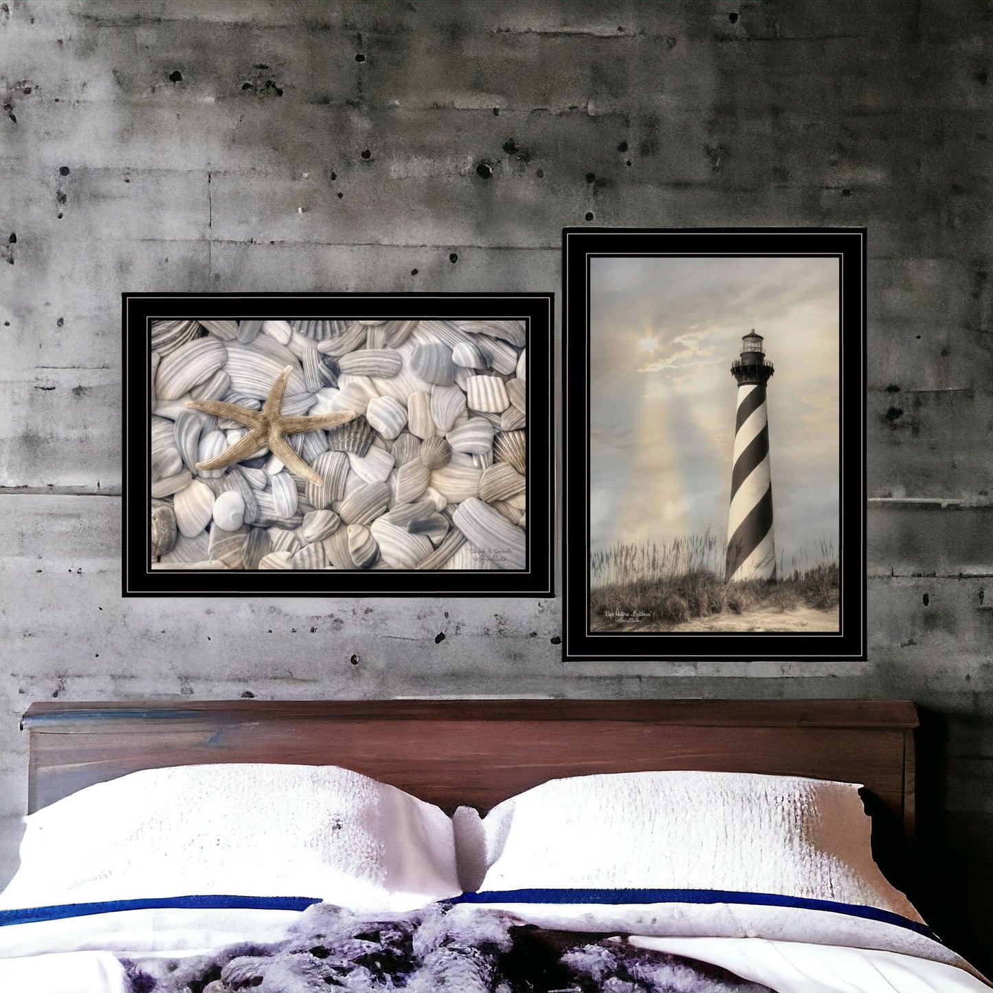 Set Of Two Cape Hatteras Lighthouse And Sea Shells 4 Black Framed Print Wall Art