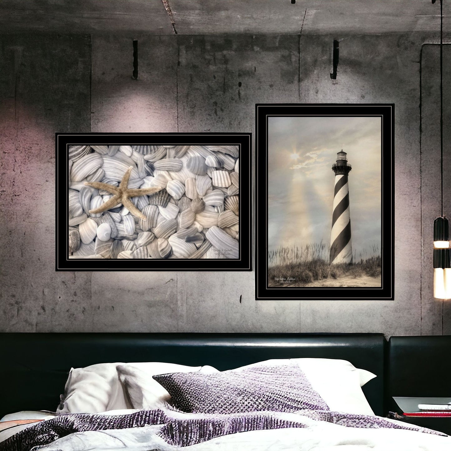 Set Of Two Cape Hatteras Lighthouse And Sea Shells 4 Black Framed Print Wall Art