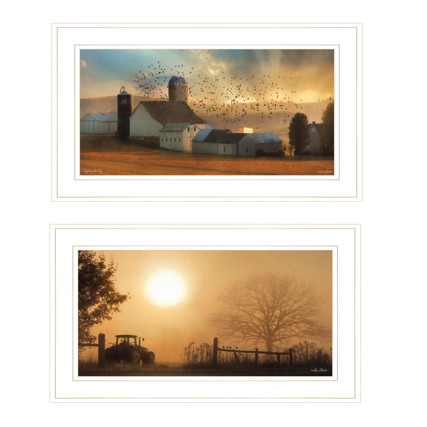 Set Of Two Farm Country Sunrise White Framed Print Wall Art