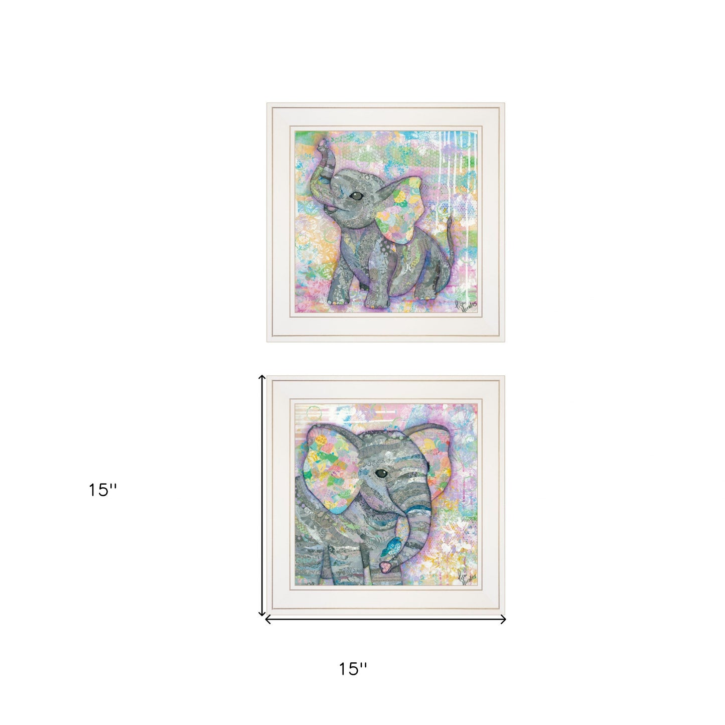 Set Of Two Whimsical Pastel Elephant White Framed Print Wall Art