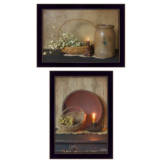 Set Of Two Candle Light And Flowers 3 Black Framed Print Wall Art