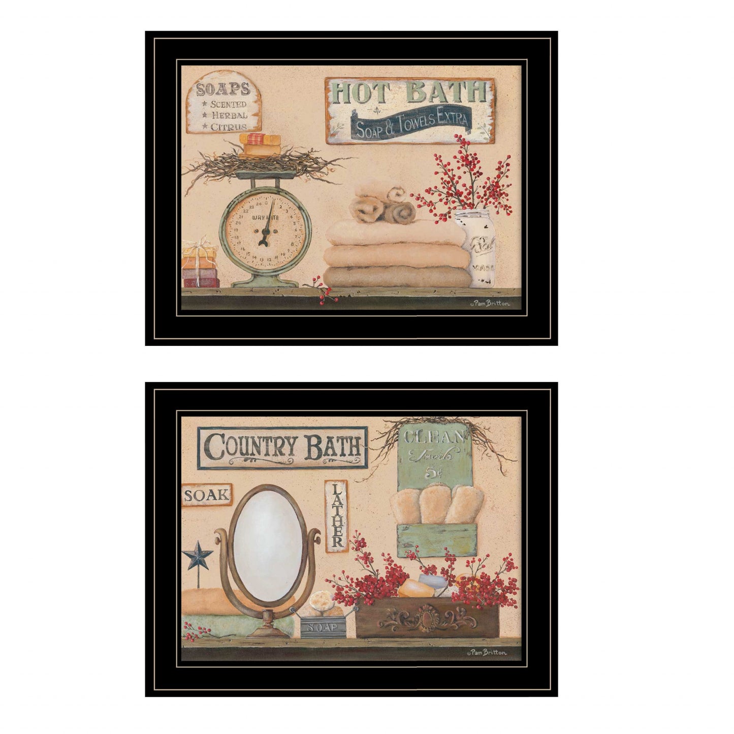 Set Of Two Country Bath III Black Framed Print Bathroom Wall Art