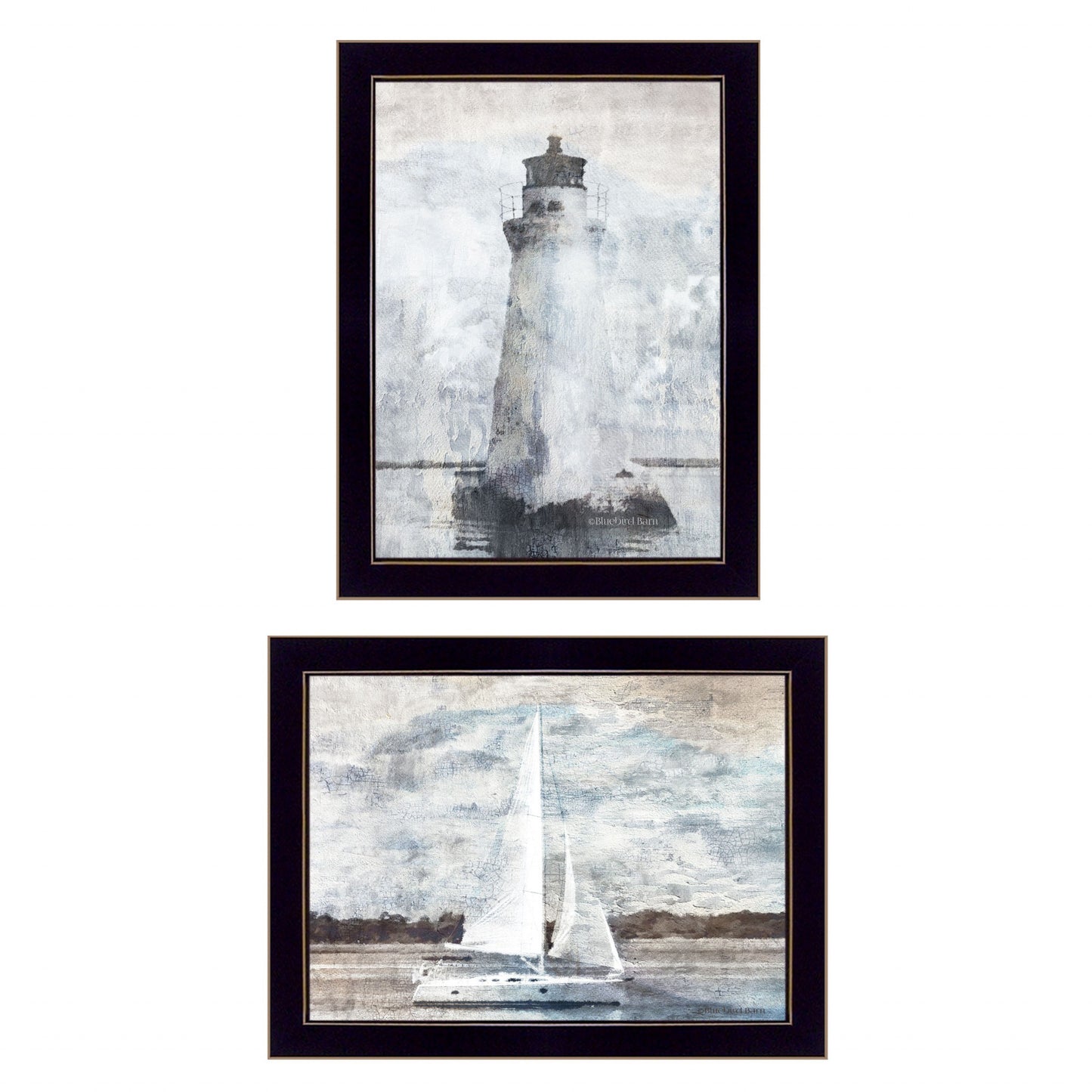 Set Of Two Lighthouse Sailboat Black Single Rim Framed Print Wall Art