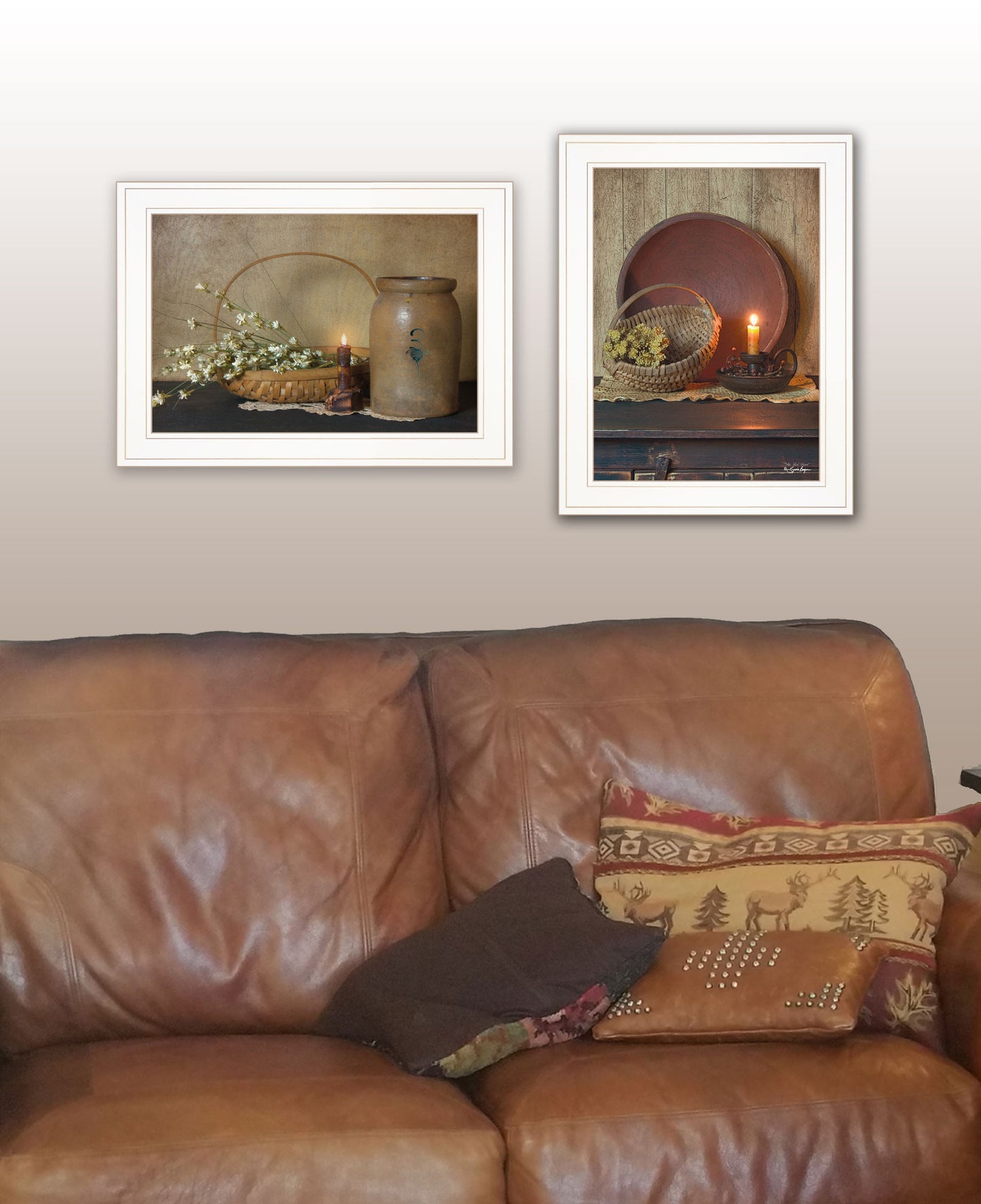 Set Of Two Candle Light And Flowers White Framed Print Wall Art