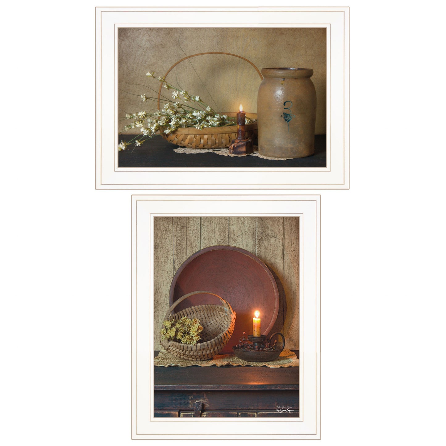 Set Of Two Candle Light And Flowers White Framed Print Wall Art