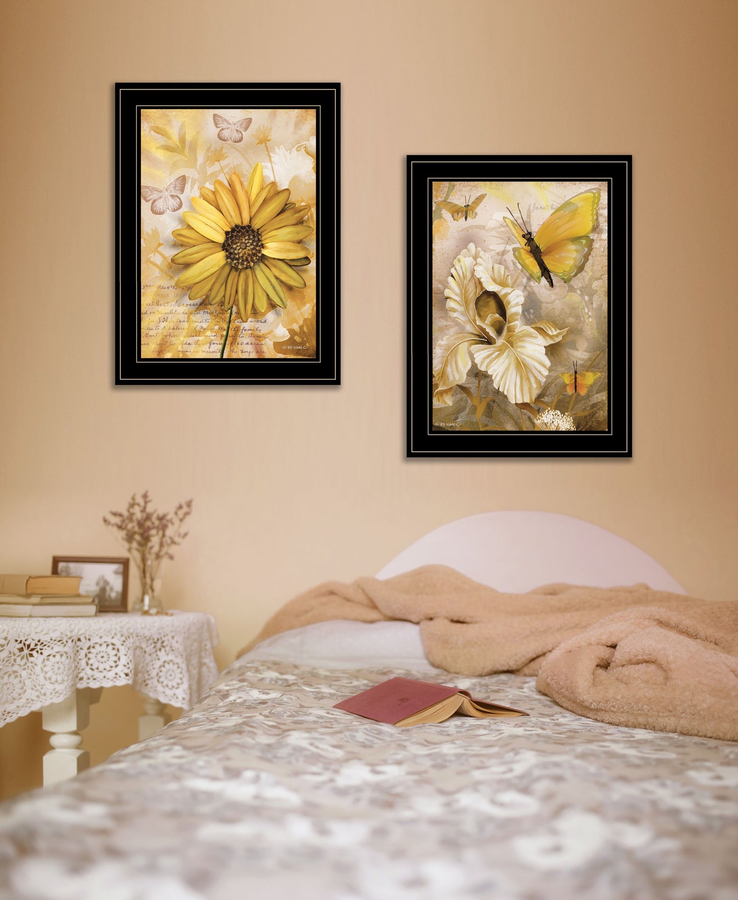 Set Of Two Flowers And Butterflies 2 Black Framed Print Wall Art