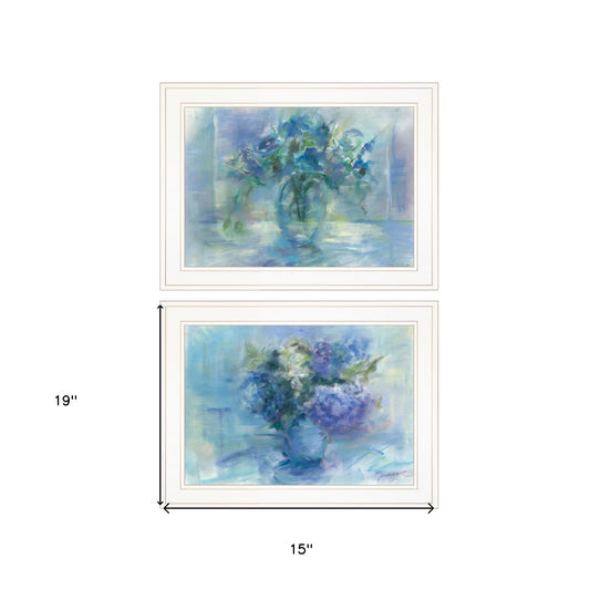 Set Of Two Susies Blue Bouquet 1 White Framed Print Wall Art