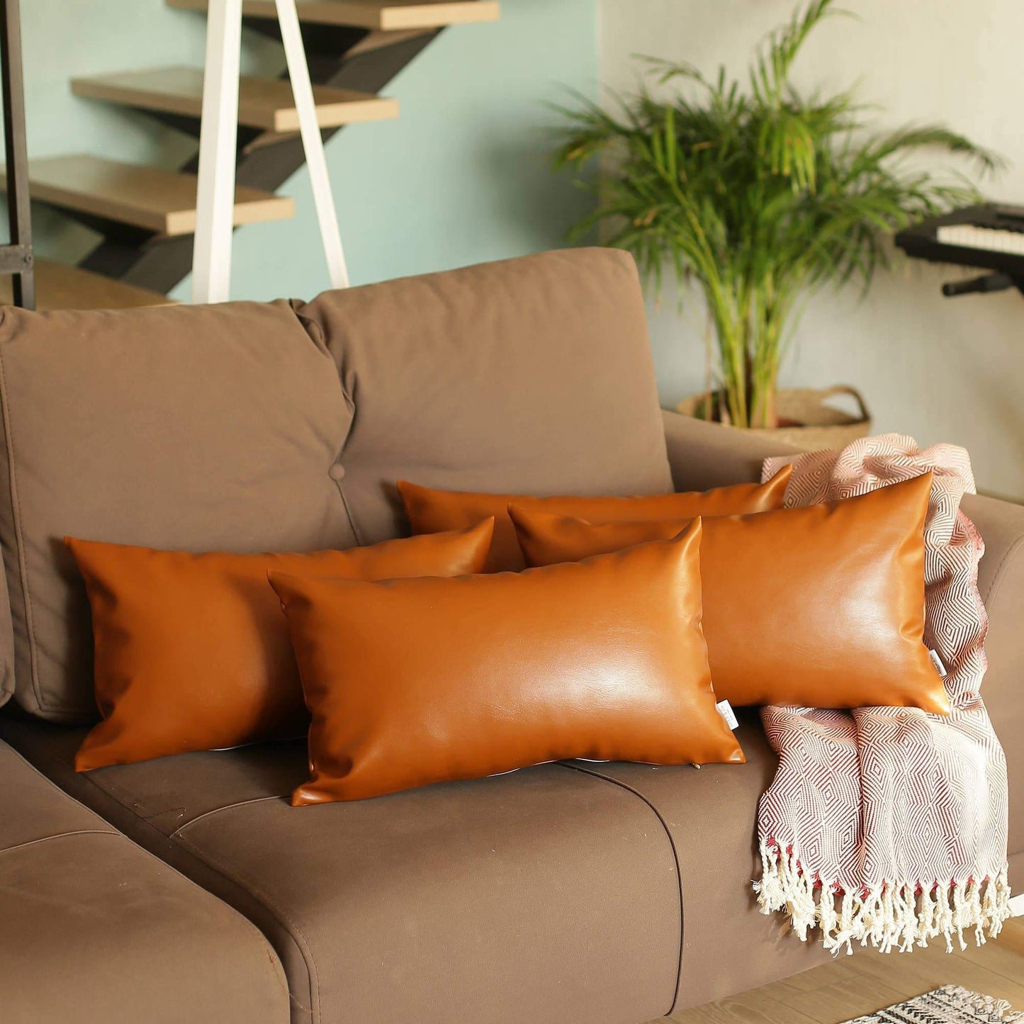 Set Of Four 12" X 12" Brown Solid Color Handmade Faux Leather Lumbar Pillows