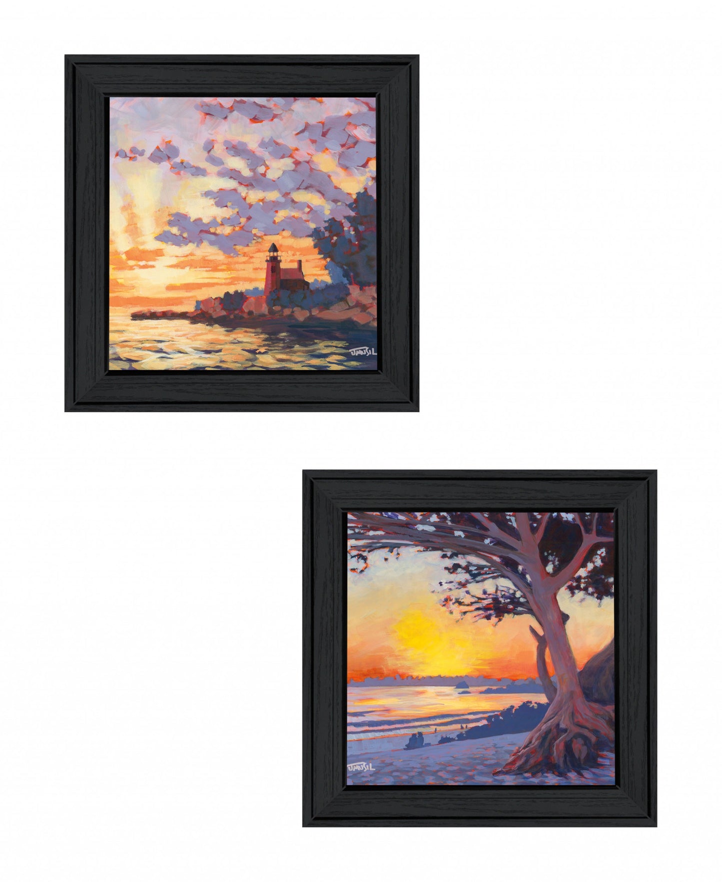 Set Of Two Carmel Beach And Lighthouse 2 Black Framed Print Wall Art