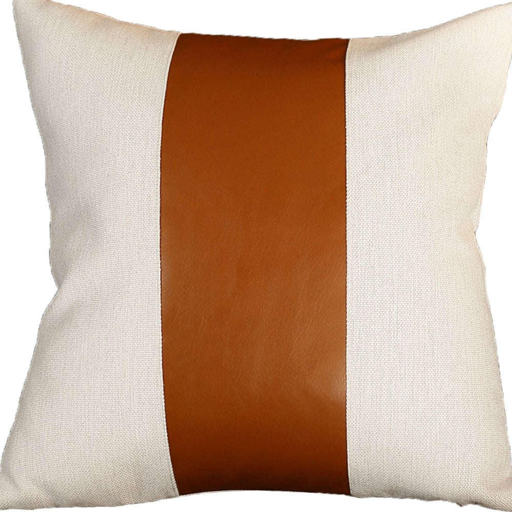 Set Of Two 20" X 20" Brown and Ivory Faux Leather Zippered Pillow Cover