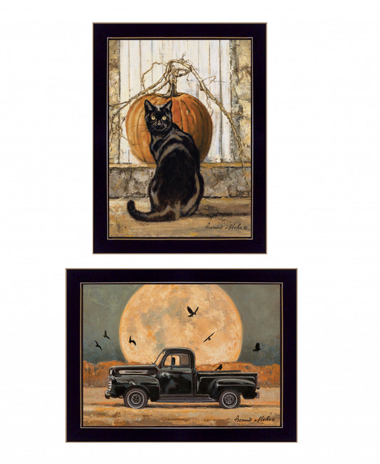 Set Of Two Harvest Moon With A Black Cat And Truck 3 Black Framed Print Wall Art