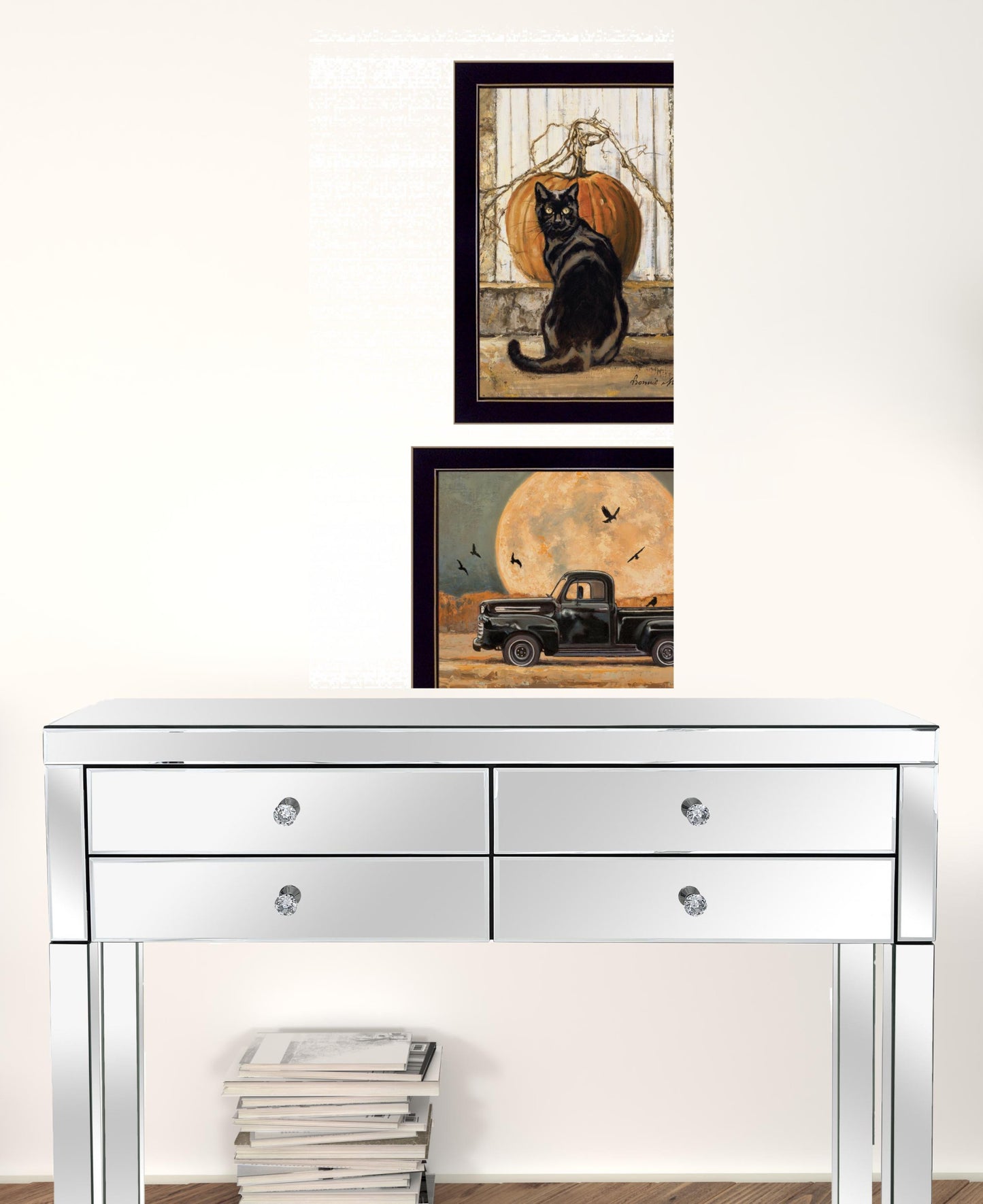 Set Of Two Harvest Moon With A Black Cat And Truck 3 Black Framed Print Wall Art