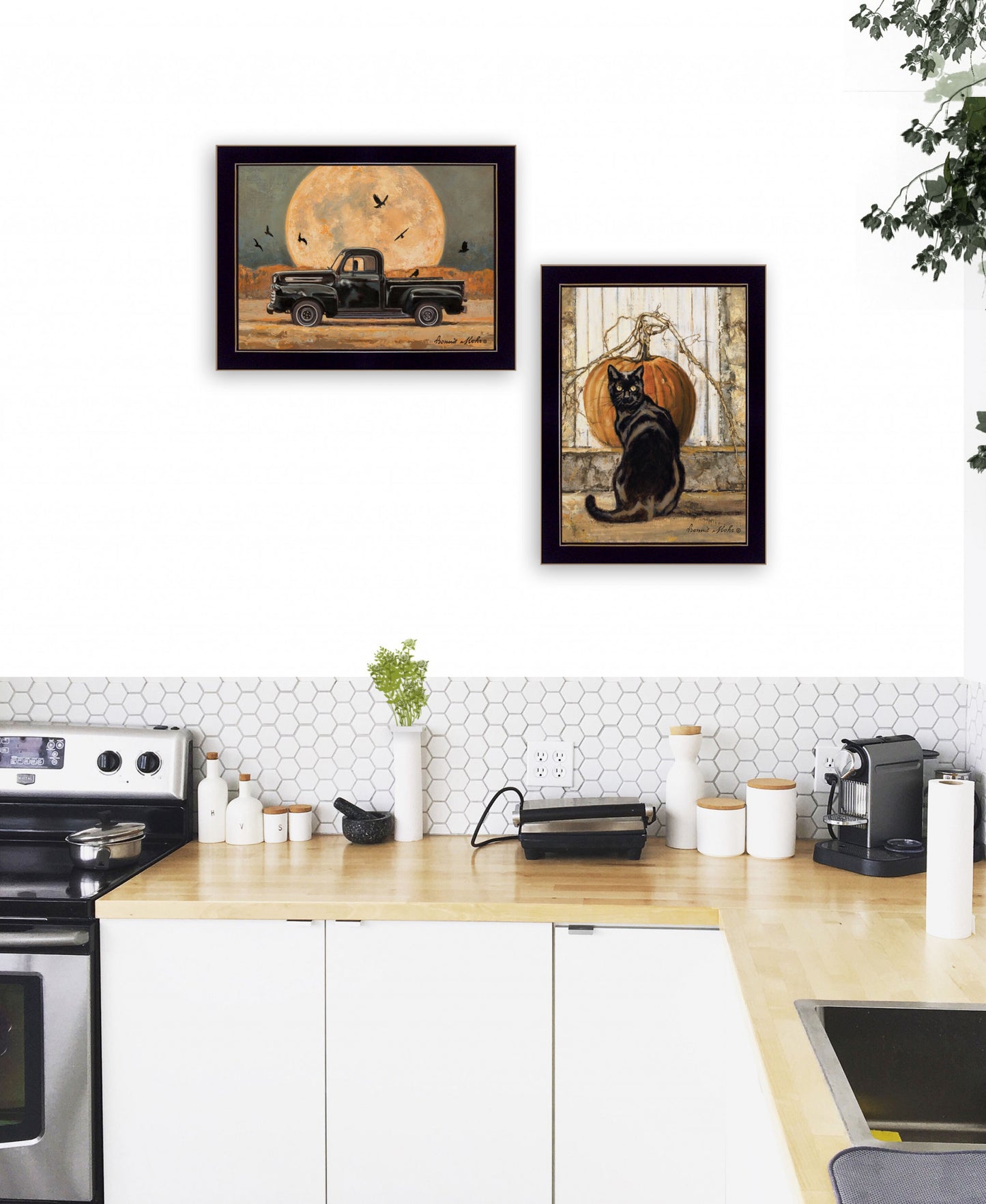 Set Of Two Harvest Moon With A Black Cat And Truck 3 Black Framed Print Wall Art