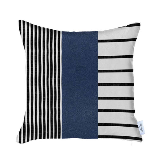 22" X 22" Navy Blue Striped Zippered Handmade Faux Leather Throw Pillow Cover