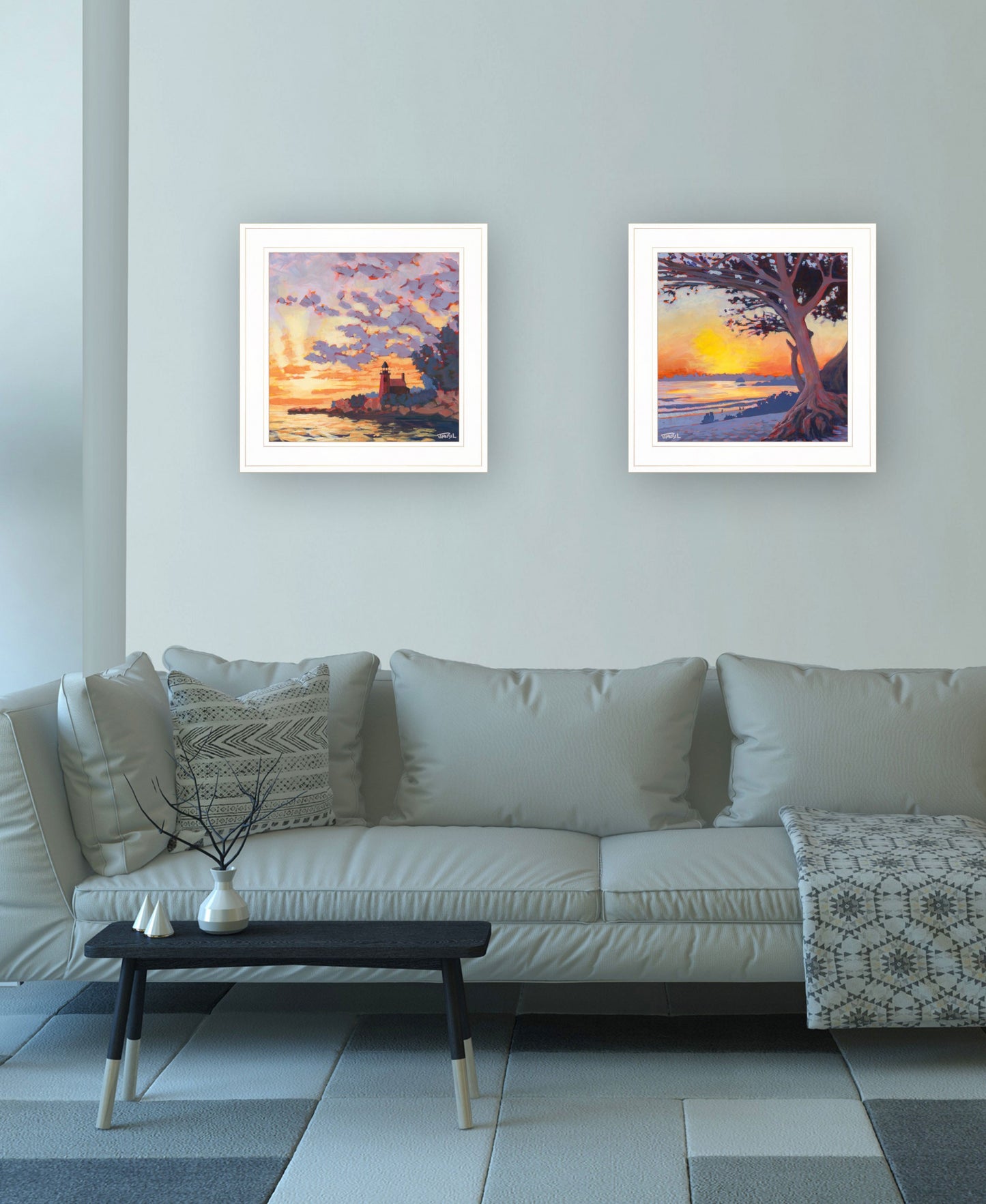 Set Of Two Carmel Beach And Lighthouse 1 White Framed Print Wall Art