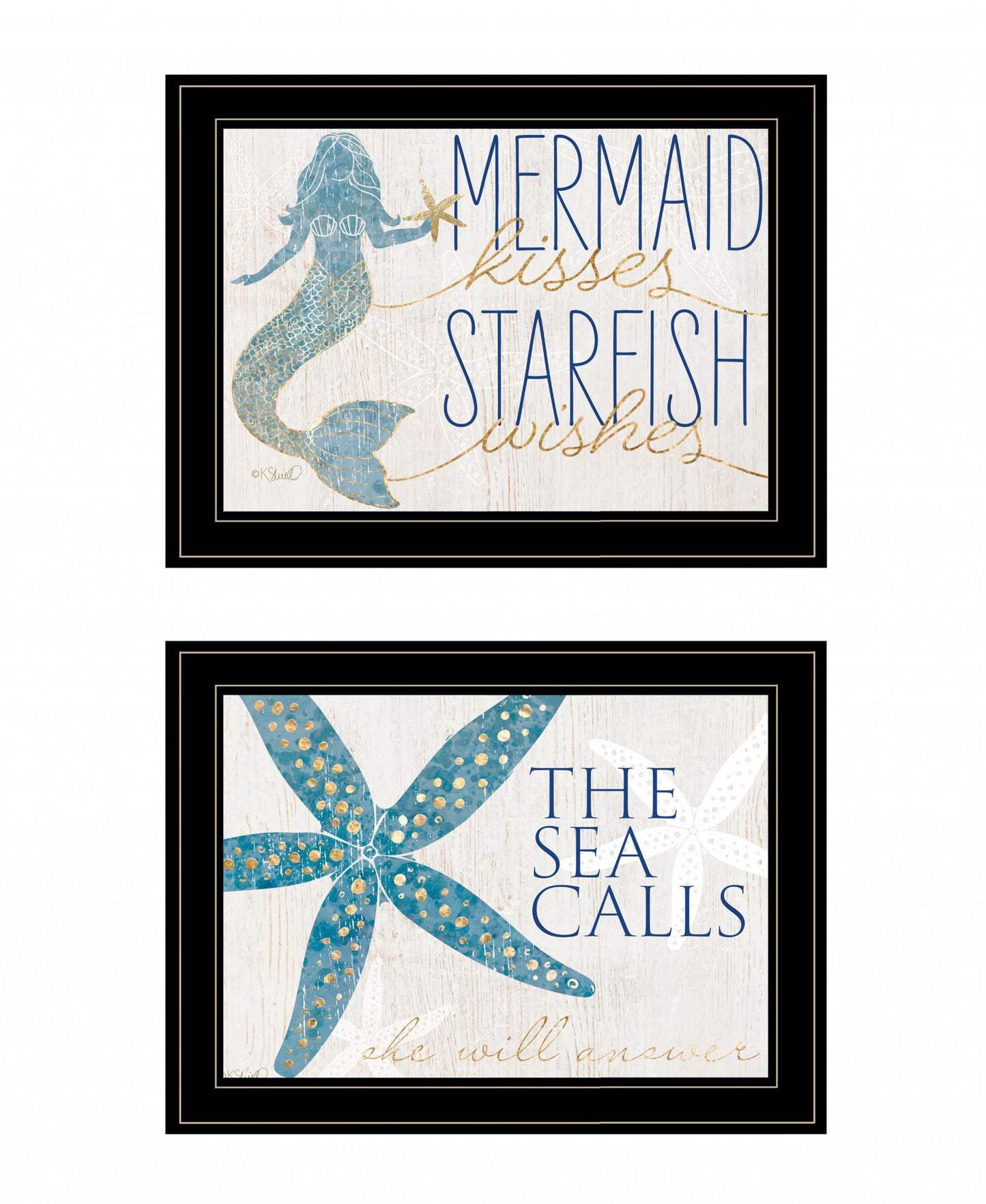 Set Of Two Mermaid Kisses Starfish Wishes 3 Black Framed Print Wall Art