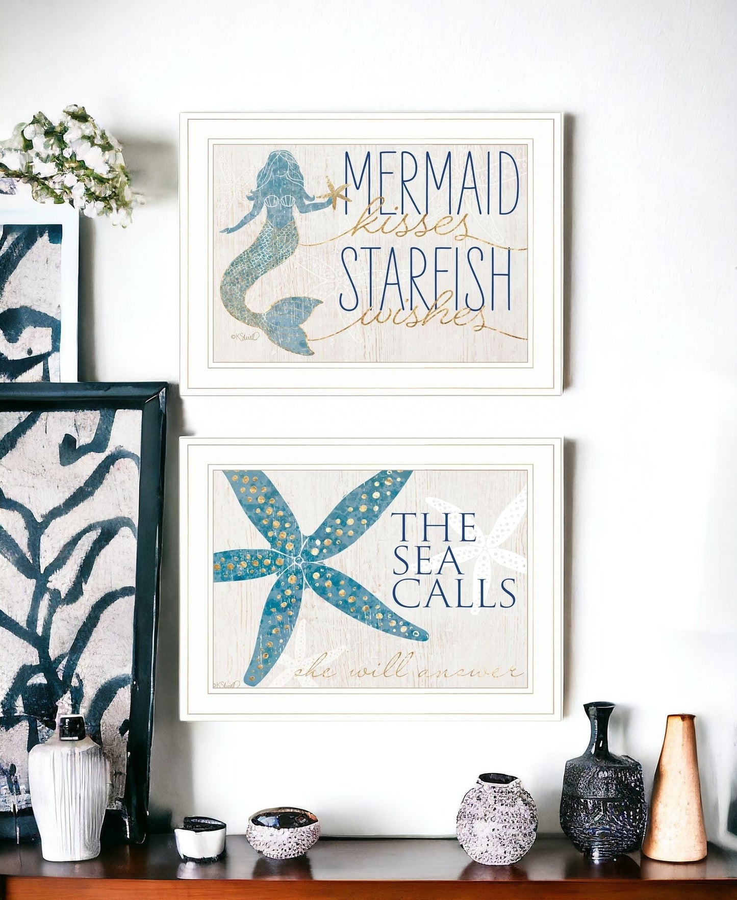 Set Of Two Mermaid Kisses Starfish Wishes 2 White Framed Print Wall Art