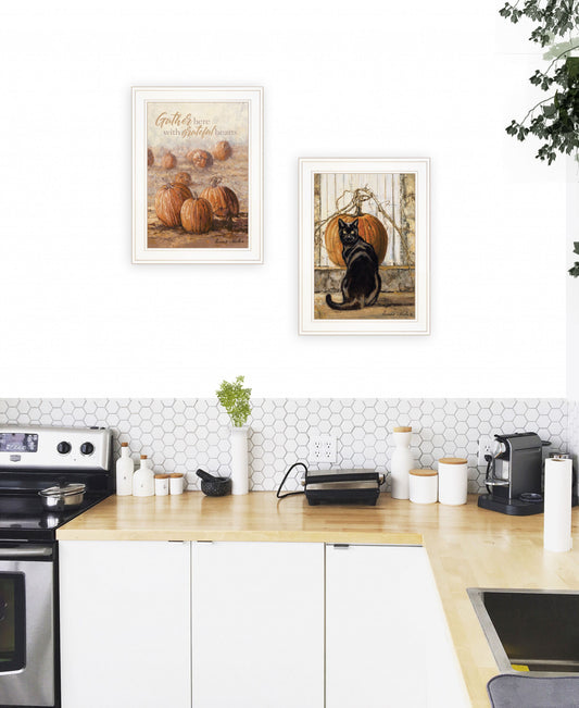 Set Of Two Pumpkins With A Black Cat 1 White Framed Print Wall Art