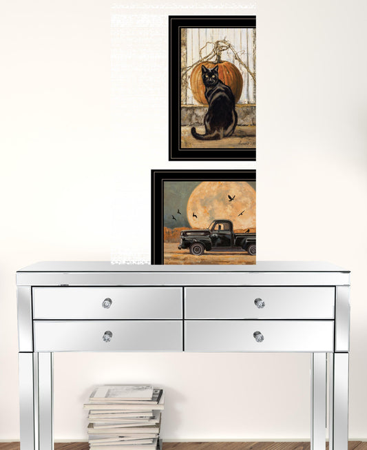 Set Of Two Harvest Moon With A Black Cat And Truck 2 Black Framed Print Wall Art