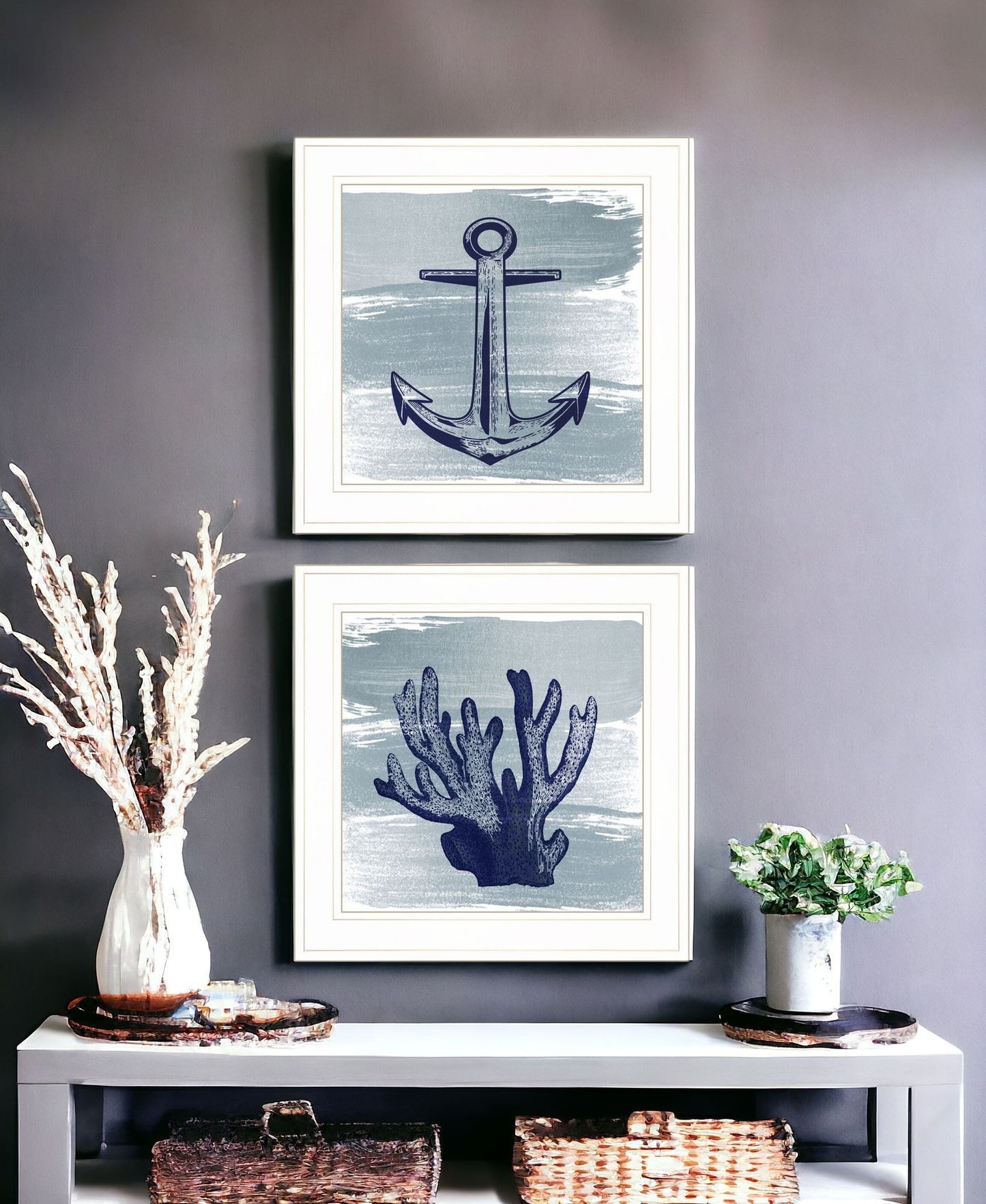 Set Of Two The Beach Coastal 1 White Framed Print Wall Art