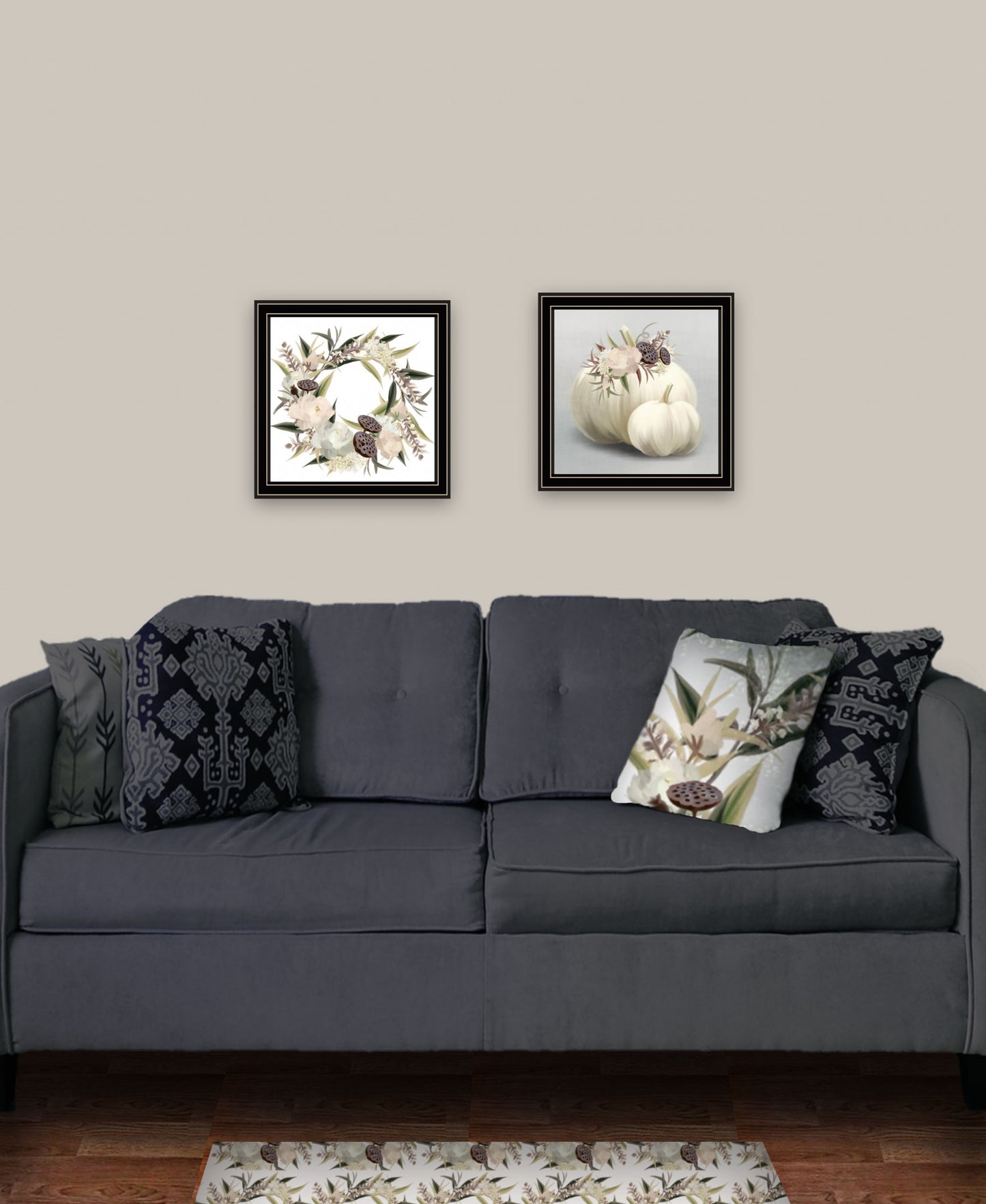 Set Of Two BOHO Pumpkins And Flowers 1 Black Framed Print Wall Art