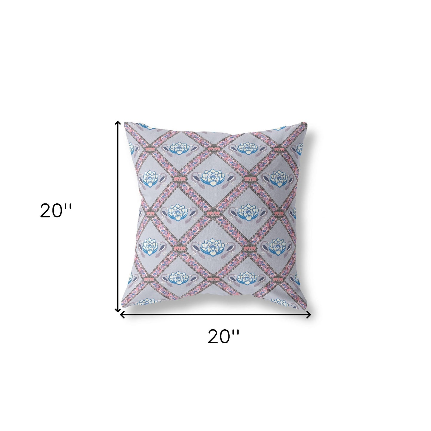 20" X 20" Gray Blue Pink Lotus Floral Blown Seam Suede Throw Pillow