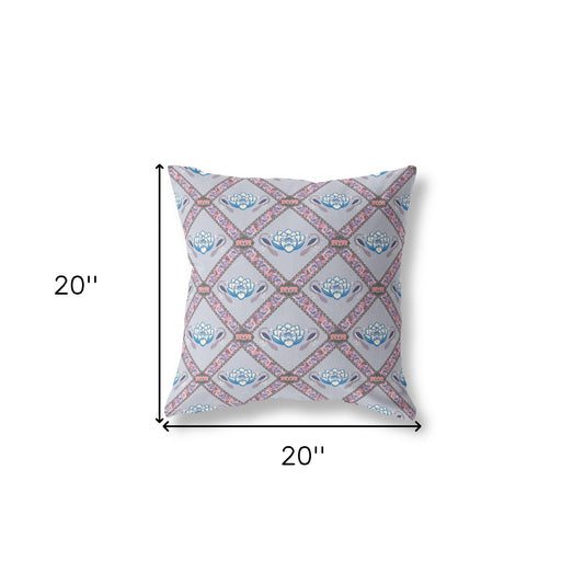 20" X 20" Gray Blue Pink Lotus Floral Blown Seam Suede Throw Pillow