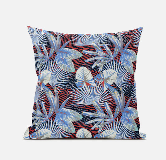 20” Blue Red Tropical Suede Throw Pillow