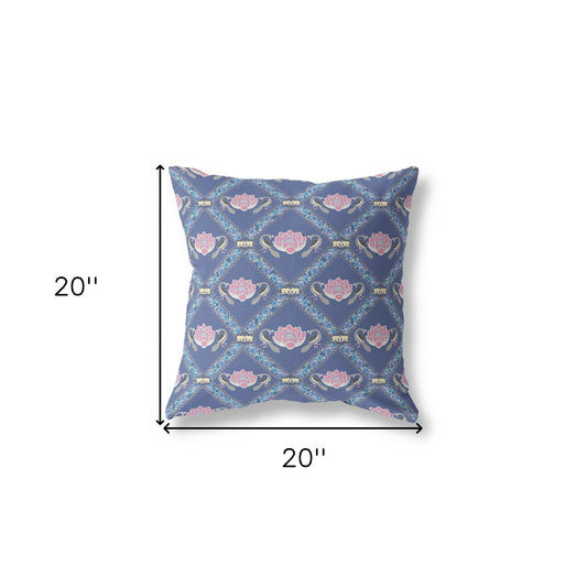 20" X 20" Purple Blue Pink Lotus Floral Blown Seam Suede Throw Pillow