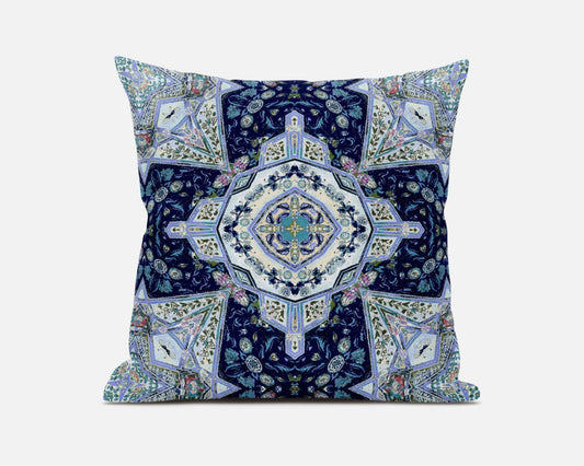 20" Indigo Blue Boho Floral Geo Suede Throw Pillow