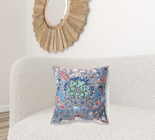 20” Blue Pink Flower Bloom Suede Throw Pillow