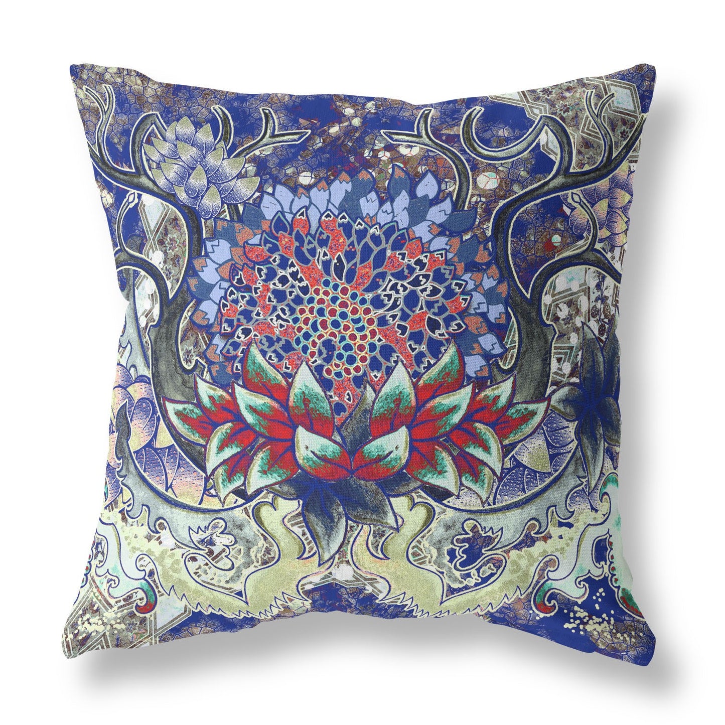 20” Blue Red Flower Bloom Suede Throw Pillow